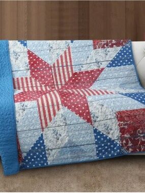 Vintage Style Liberty Star Printed Quilted Throw Blanket Americana Patriotic
